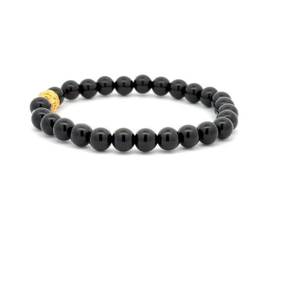 18K Gold Money Ball Lucky Charm Beads Bracelet Gemstones Obsidian 6mm - Picture 6 of 8